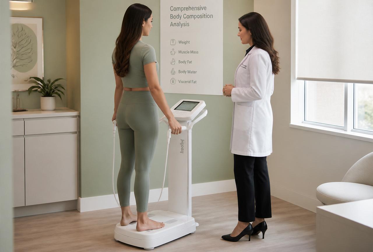 Paciente realizando bioimpedância em consultório médico